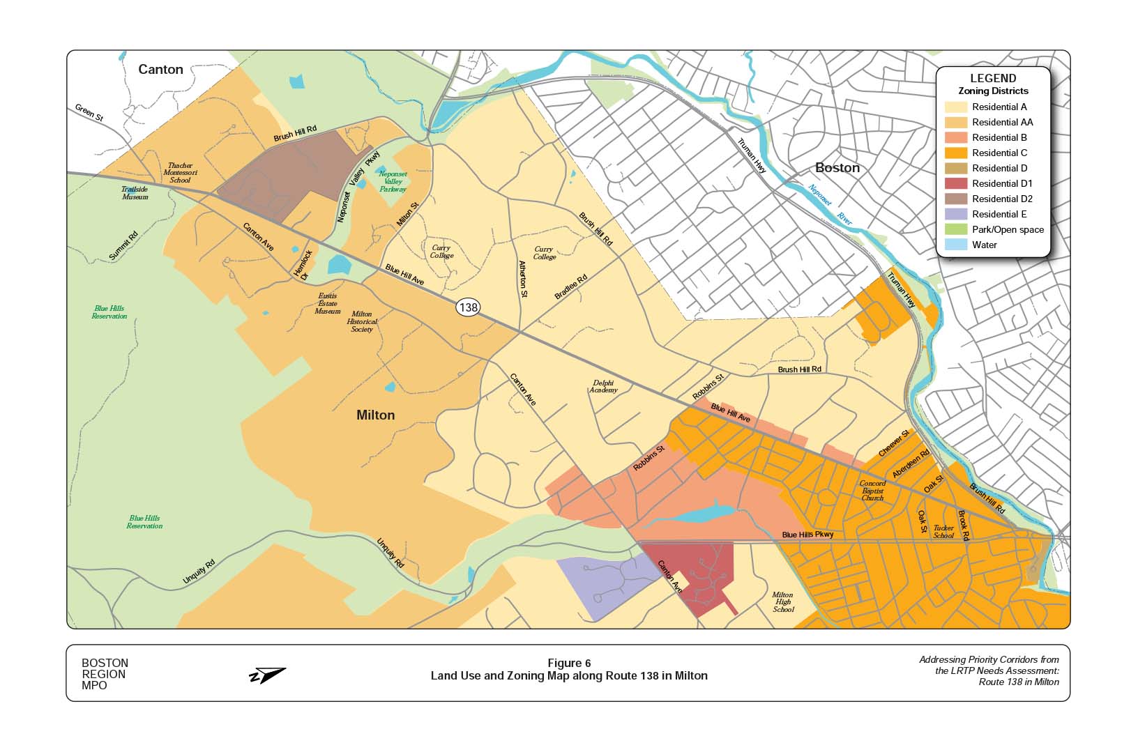 Figure 5 is a map of the study area showing the study intersections on Route 138 in Milton.